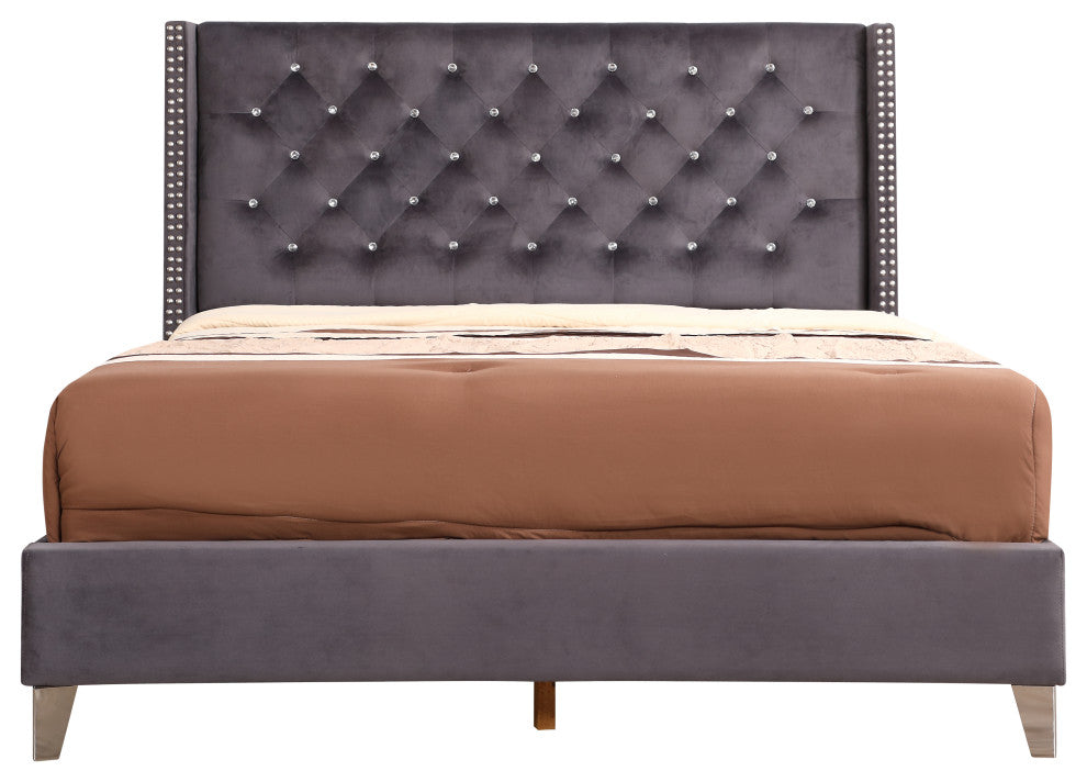 Chester Upholstered Velvet Bed, Gray, Queen