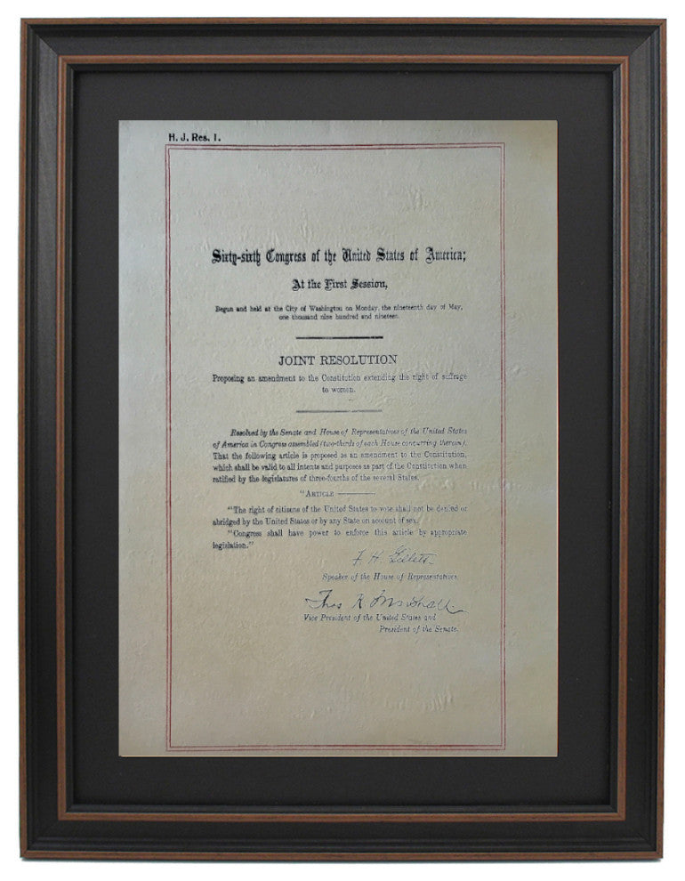 Framed Nineteenth Amendment to the Constitution. Women's Suffrage Amendment