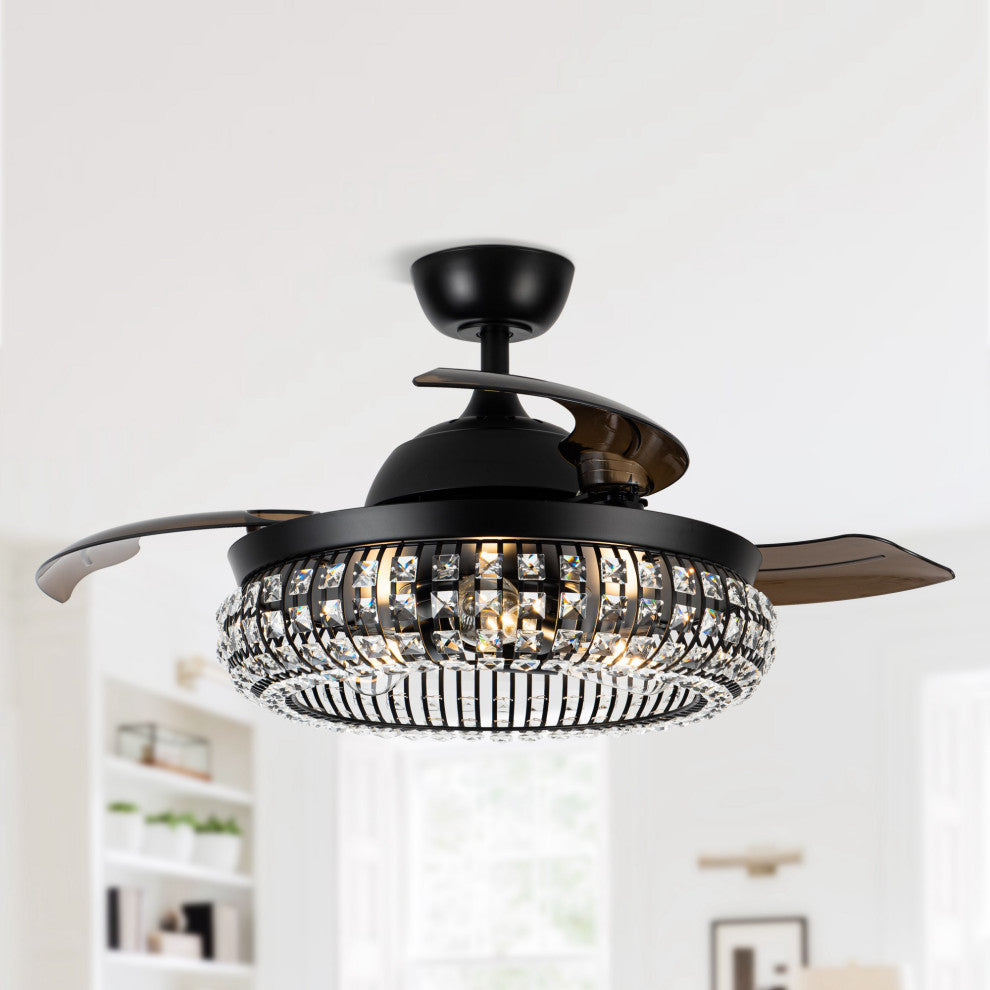 42 in. Modern Black Crystal Retractable Ceiling Fan with Light Kit and Remote