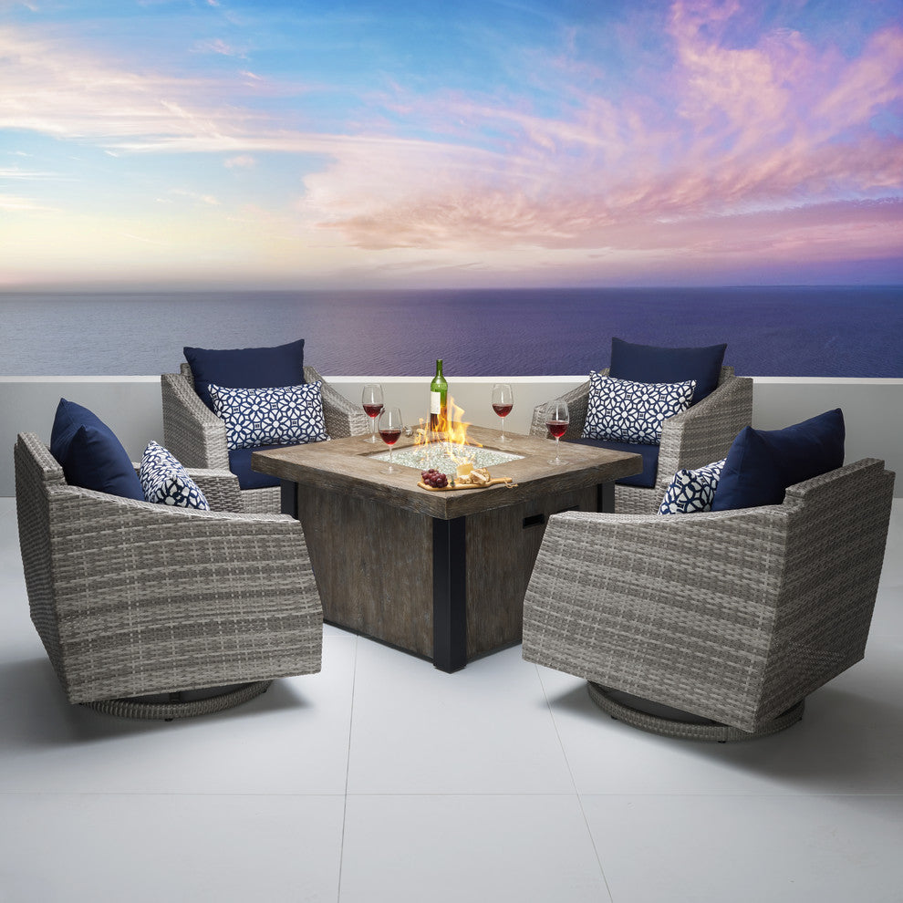 Cannes 5 Piece Sunbrella Motion Outdoor Fire Chat Set, Navy Blue