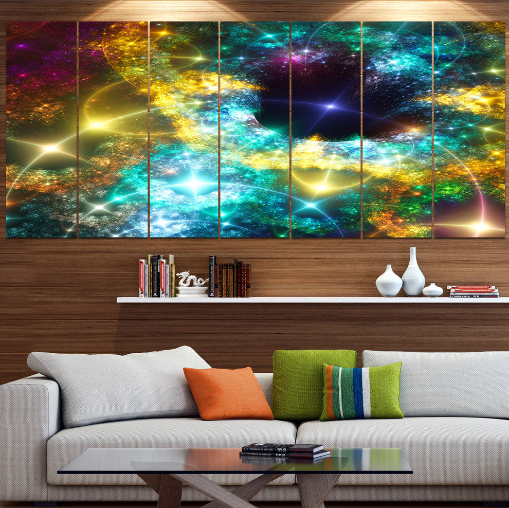 Golden Cosmic Black Hole, Abstract Art on Canvas, 83"x32", 7 Panels