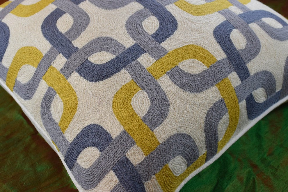 Gotcha Geometric Suzani Ivory Gray Gold Pillow Cover Handembroidered Wool 20x20"