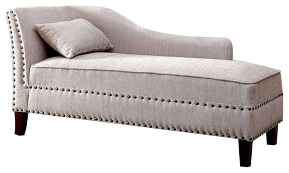 Fabric Upholstered Chaise With Pillow And Nailhead Trim, Light Gray