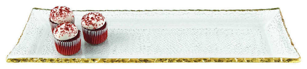 HomeRoots 18" Mouth Blown Rectangular Edge Gold Leaf Serving Platter or Tray