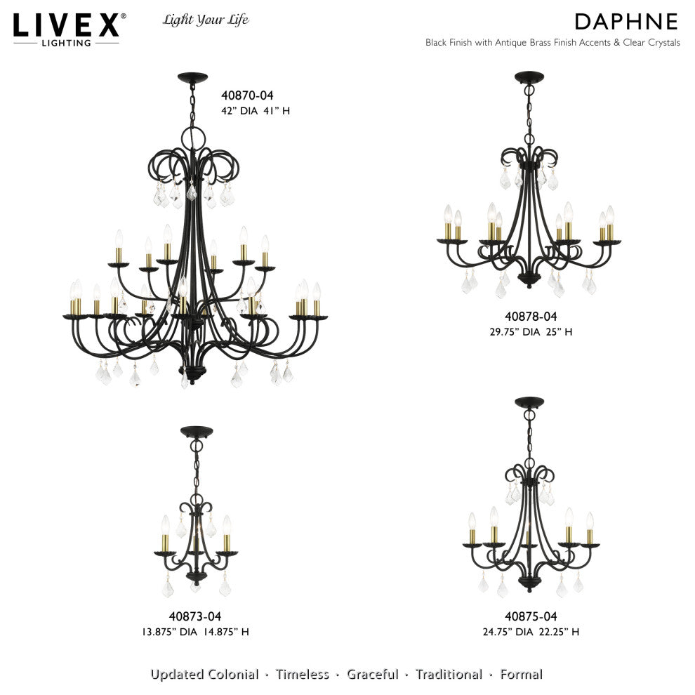 Daphne 5-Light Black Chandelier, Antique Brass Accents and Clear Crystals