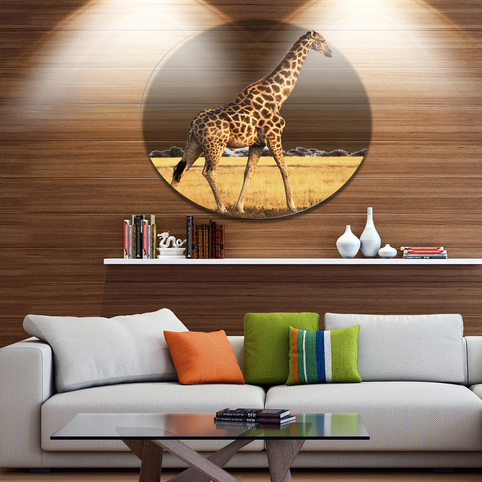 Single Giraffe In Africa Walking, African Disc Metal Wall Art, 23"