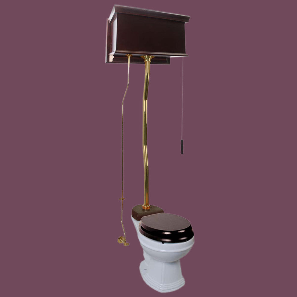 High Tank Toilets White Flat Panel Cherry Finish Round Z-Pipe, White, Brass, Dark Oak