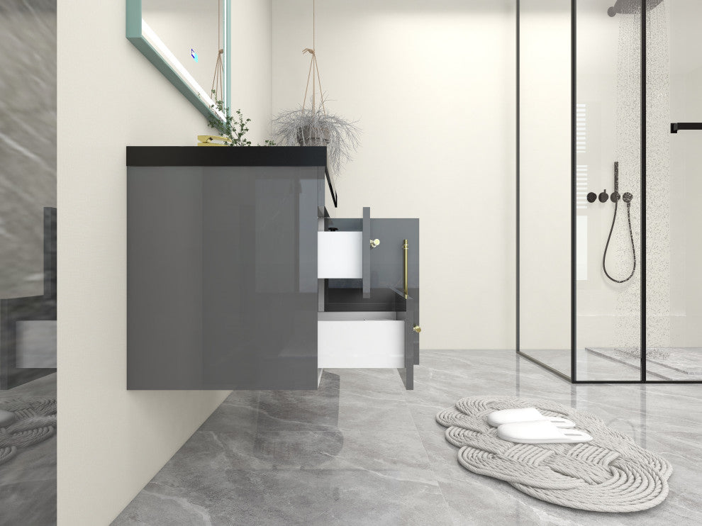 Rosa 36" Wall Mounted Modern Vanity, High Gloss Gray, Matt Black Top