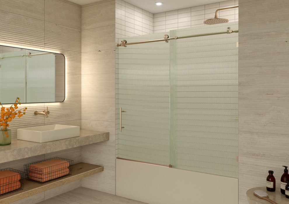 Galaxy 60"x60" Frameless Glass Sliding Bathtub Doors, Brushed Bronze, Left