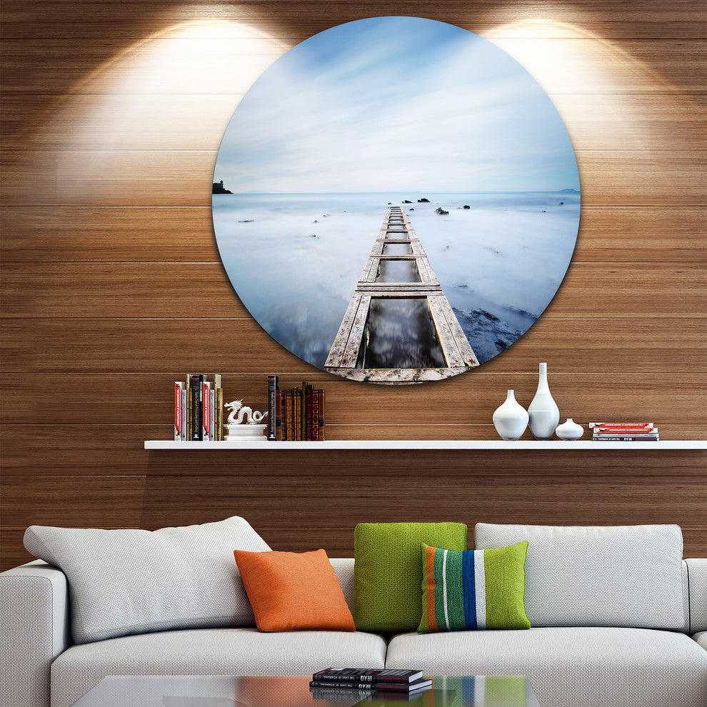 Wooden Jetty In Morning Blue Sea, Landscape Round Wall Art, 36"