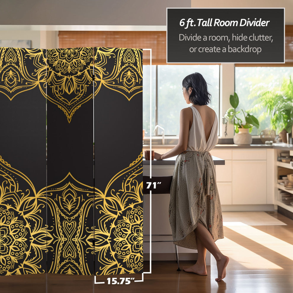 6'' Tall Double Sided Black Indian Pattern Canvas Room Divider