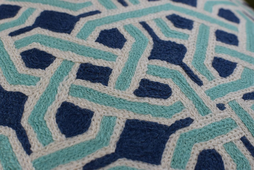 Mosaic Celtic Knot Turquoise Decorative Pillow Cover Handembroidered Wool 20x20"