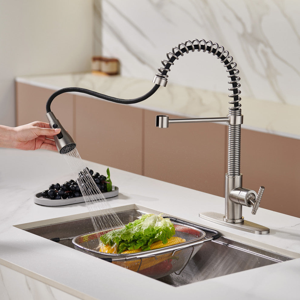Single Handle Kitchen Sink Faucet Pull-Down Sprayer, 360 Swivel, 3 Functions, Brushed Nickel