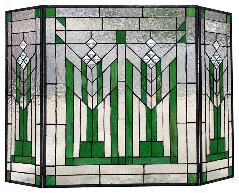 CHLOE Lighting Benjamin Mission 3pcs Folding Tiffany-glass Fireplace Screen, 38"