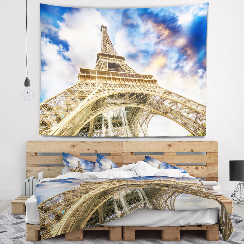 Dramatic Sky over Ground View of Paris Paris Eiffel Tower Wall Tapestry, 39"x32"