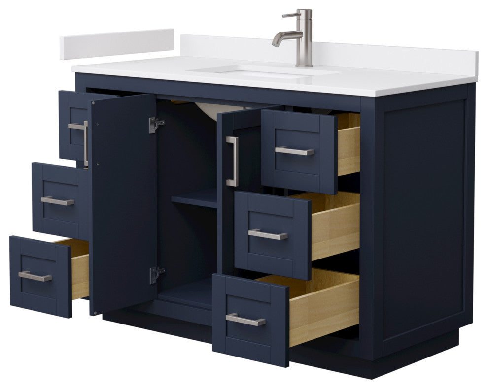 48" Single Vanity Dark Blue, White Cult. Marble Countertop, Sink, Nickel Trim