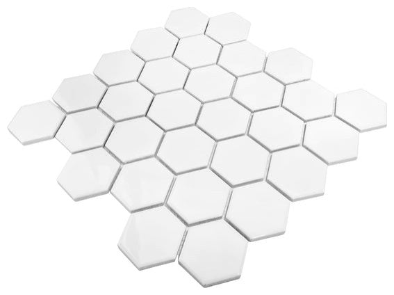 Gio White Glossy 2" Hexagon Porcelain Mosaic Tile, 11 Sheets