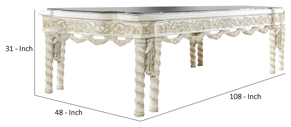 Benzara BM266457 Dining Table With Gold Trim Accent, Antique White