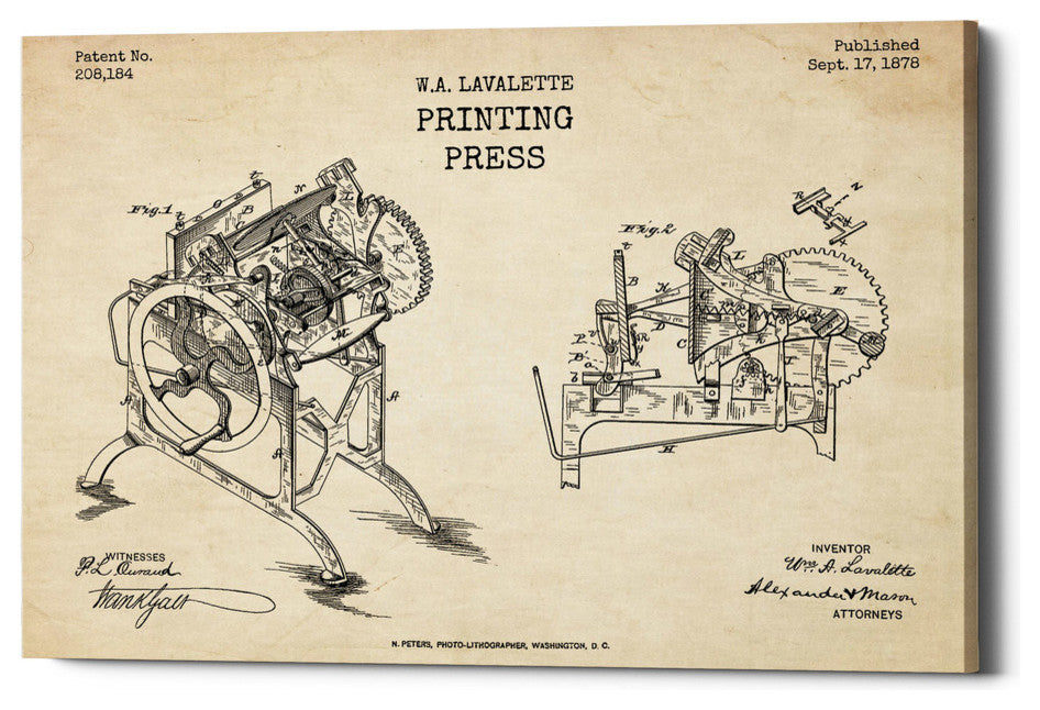 Epic Graffiti "Printing Press Blueprint Patent Parchment" Giclee Canvas, 26"x40"