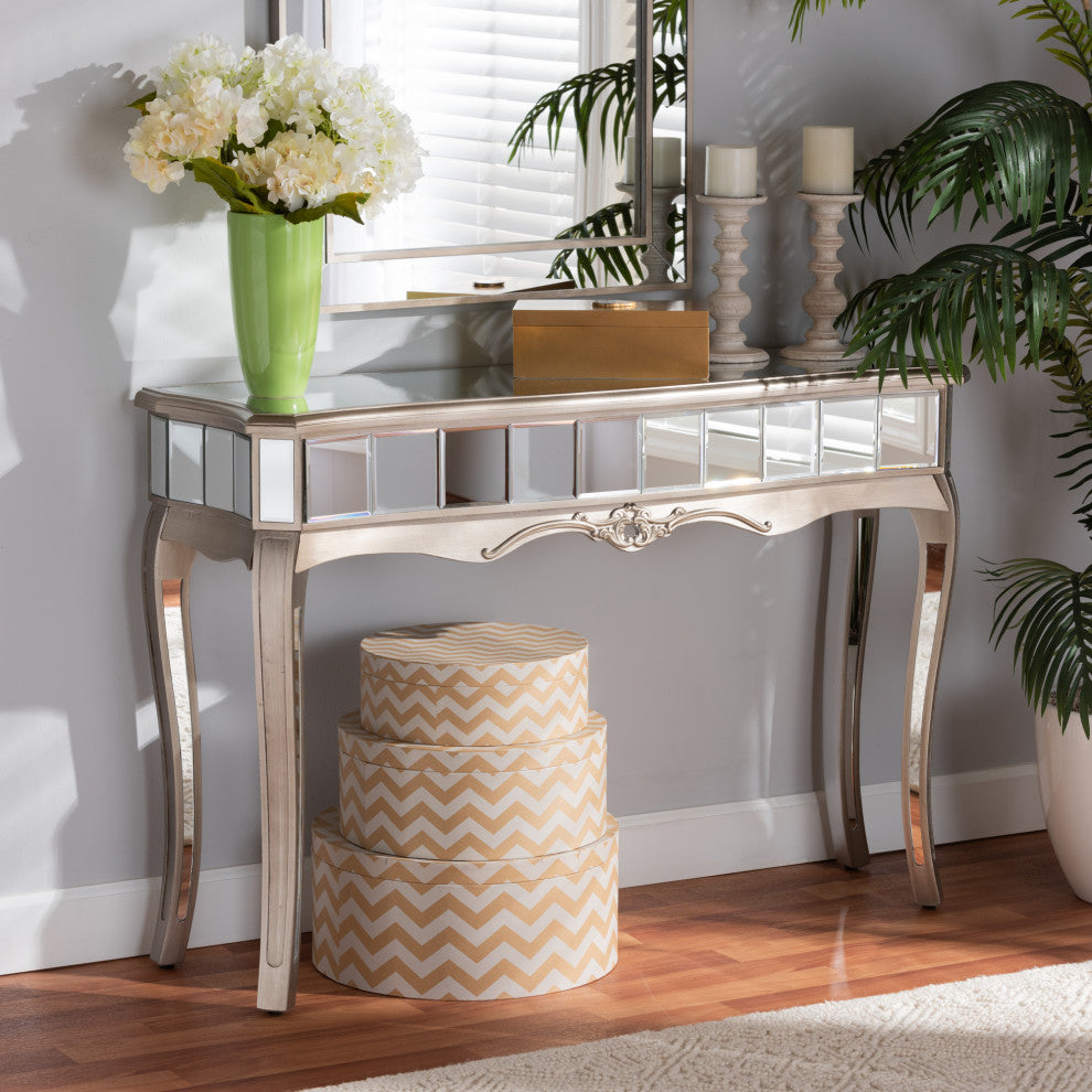 Elgin Contemporary Brushed Silver Finished Wood and Mirrored Glass Console Table