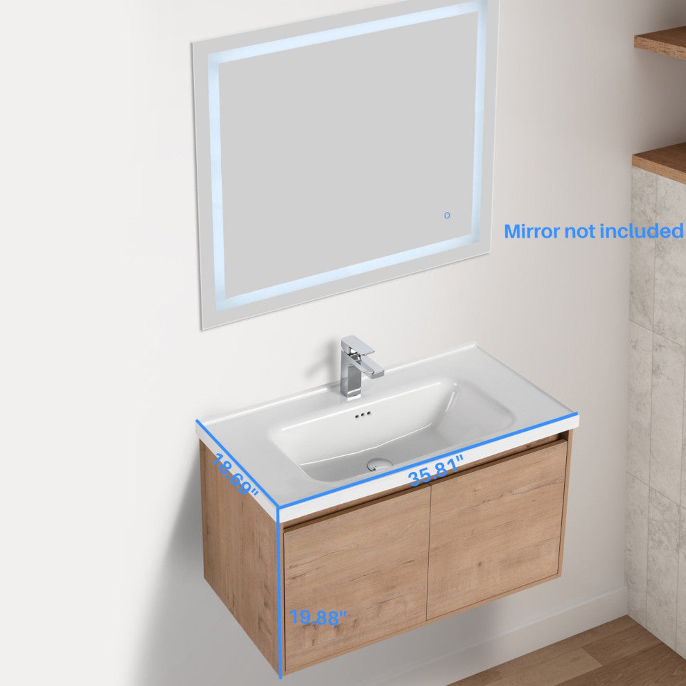 Wall Mounted Bathroom Vanity, Classic Oak, 36" W/ Sink