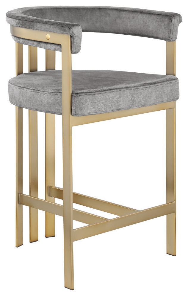 Marcello Upholstered Counter Stool, Gray, Velvet, Brushed Brass