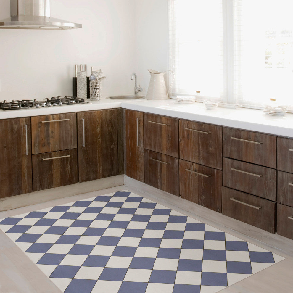 Joli Sol Checkers Blue and Ivory Vinyl Mat, 48x72 Rectangle