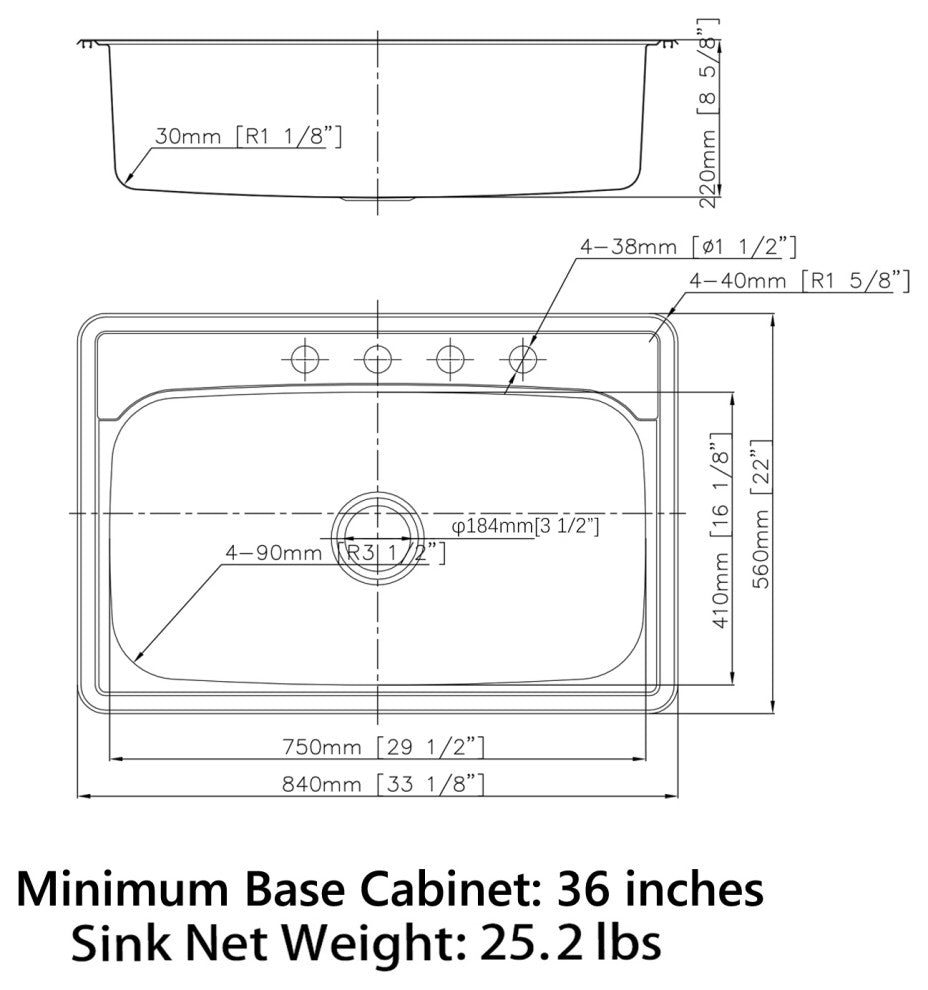Sinber 33" Drop, Singel Bowl 304 Stainless Steel Kitchen Sink