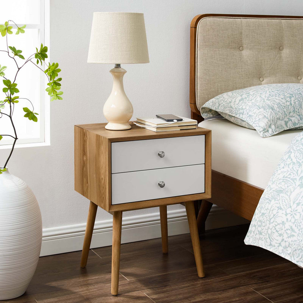 Nightstand Side End Table With USB, Wood, Brown Natural White, Modern