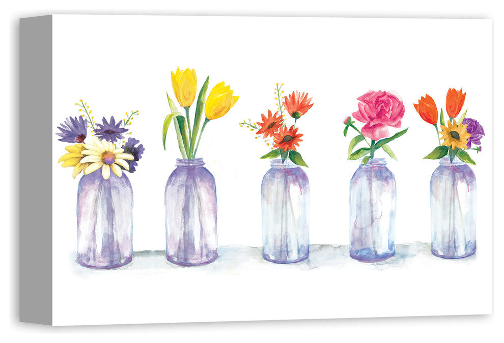 Painted Flowers in Glass Jars Print 12x18 Canvas Wall Art