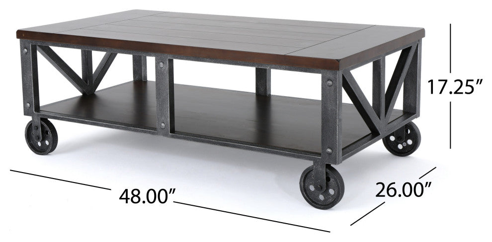 GDF Studio Dresden Faux Wood Coffee Table With Antique Black Iron Frame, Rustic