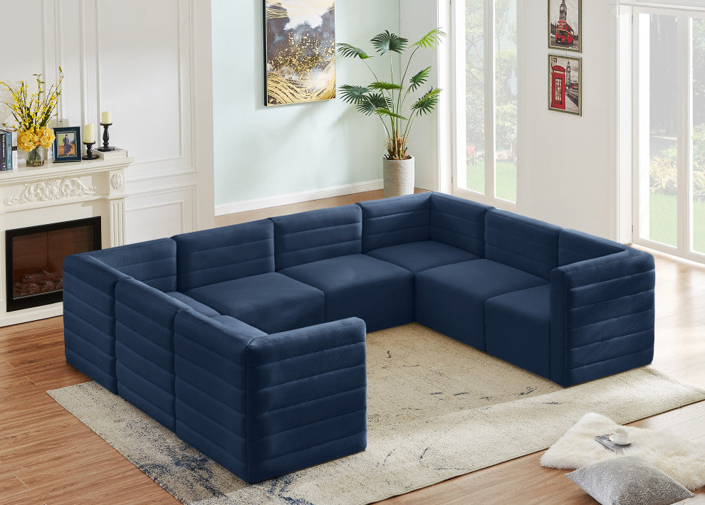 Quincy Velvet Upholstered 8-Piece U-Shaped Modular Sectional, Navy