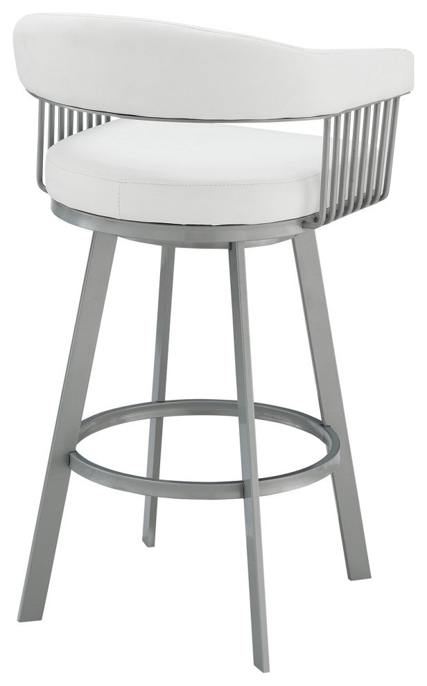 30" Mod White Faux Leather Silver Finish Swivel Bar Stool