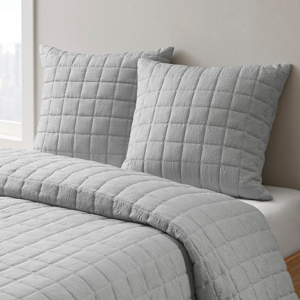 N Natori Cocoon Crushed Microfiber Quilted Euro Sham Cover, Grey