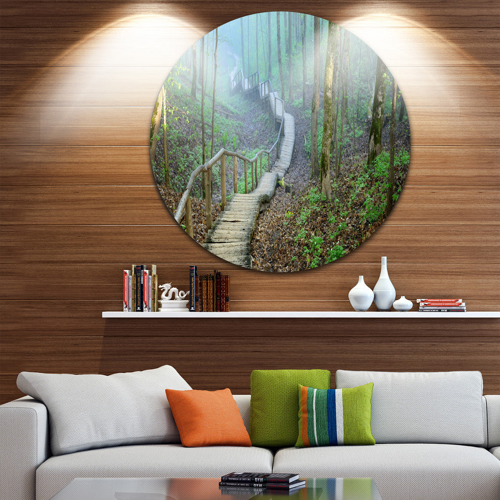 Stairway Leading To Foggy Forest, Landscape Disc Metal Artwork, 23"