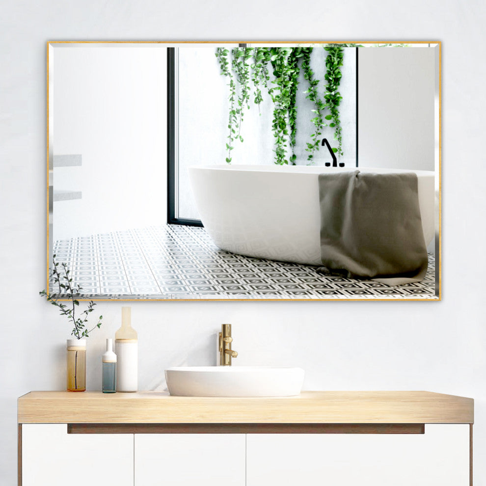 Metal Framed Rectangle Beveled Edge Wall Mirror Bathroom Vanity Mirror, Gold, 24"x36"