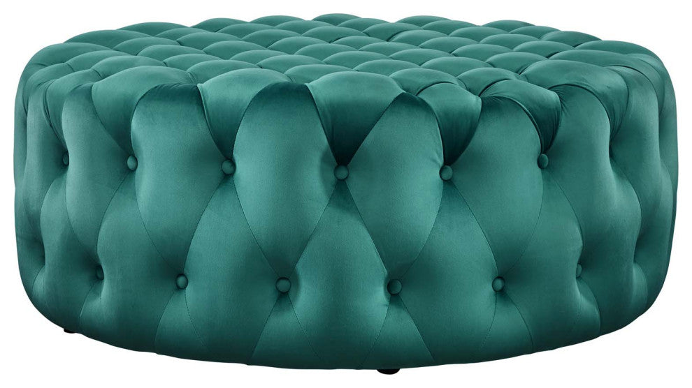 Round Ottoman Accent Tufted Chair, Teal Blue, Velvet, Modern, Cafe Hospitality