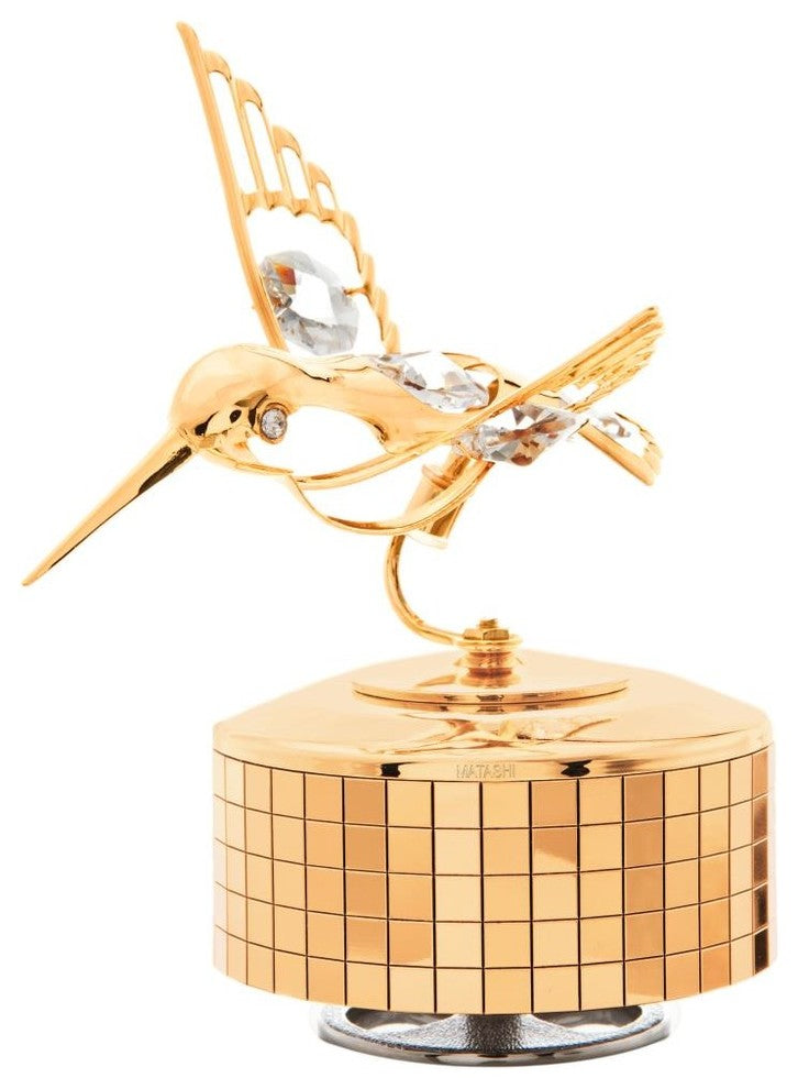24K Gold Plated Music Box With Crystal Studded Hummingbird Figurine