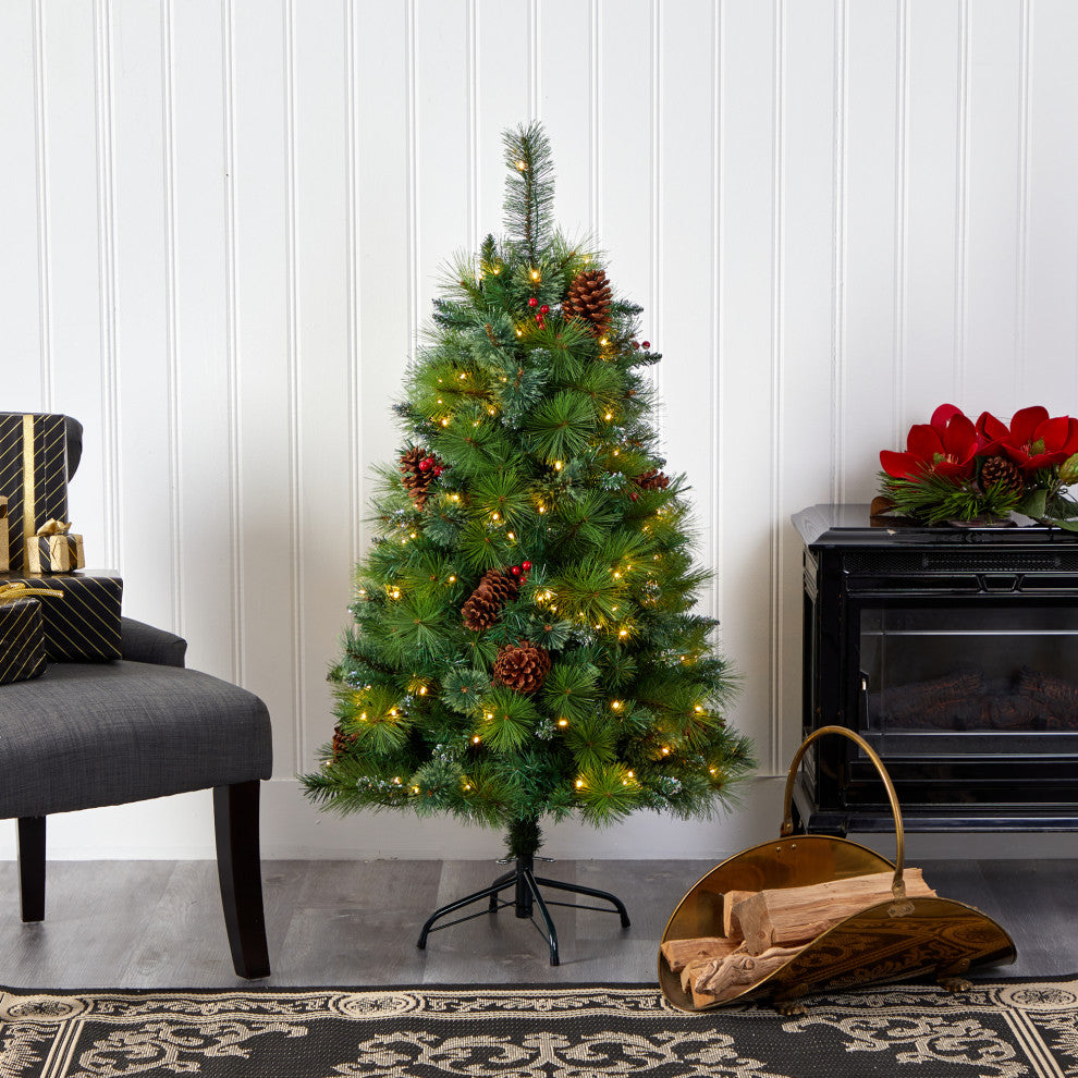 4' Montana Mixed Pine Faux Xmas Tree With Pine Cones, Berries & 150 Clear Lights