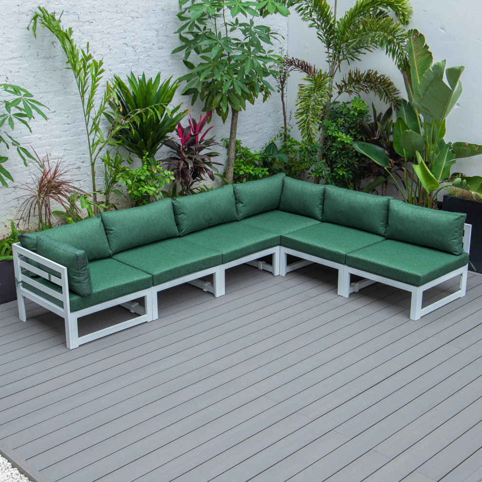 LeisureMod Chelsea 6-Piece Patio Conversation Set, White Aluminum, Green