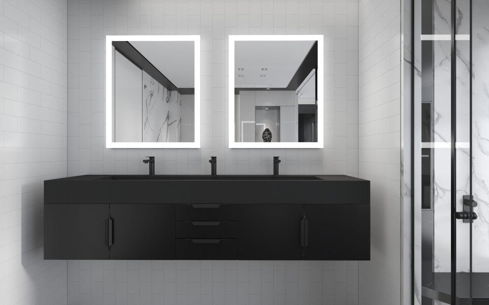 CastelloUSA Nile 84" Wall Mounted Bathroom Vanity Set, Black, Black Top, Black Handles