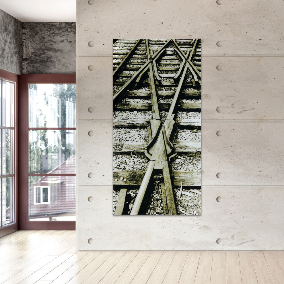 "Crossroads" Train Tracks Wall Art Frameless Free Floating Tempered Glass 72"x36