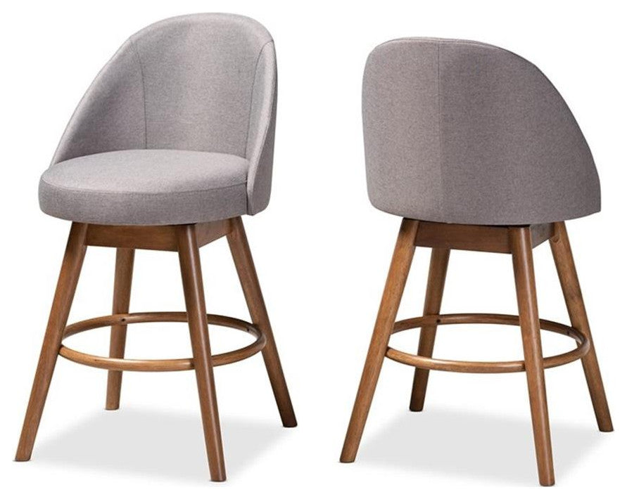 Bowery Hill Gray Upholstered Wood Swivel Counter Stool in Walnut (Set of 2)