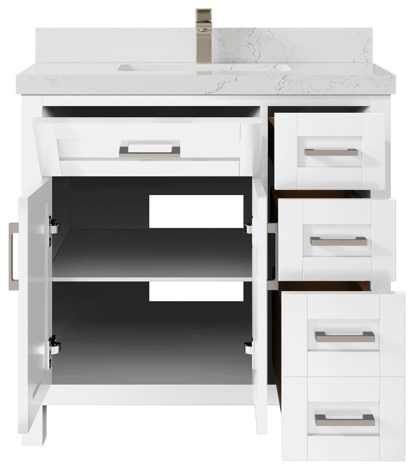 Cambridge 36 Center Sink Bath Vanity in White 2" Empira Quartz