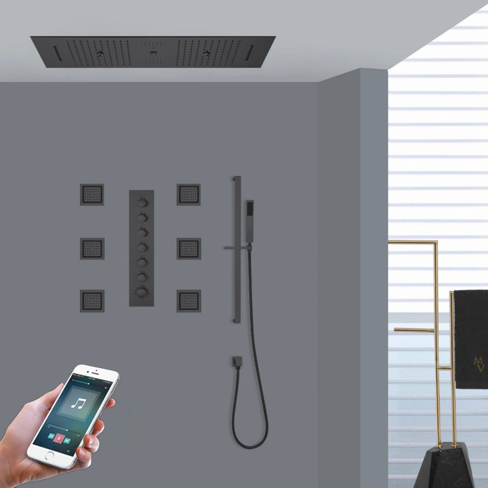 LED Shower System & 6 Jetted Body Sprays, Matte Black B - Phone Control Light