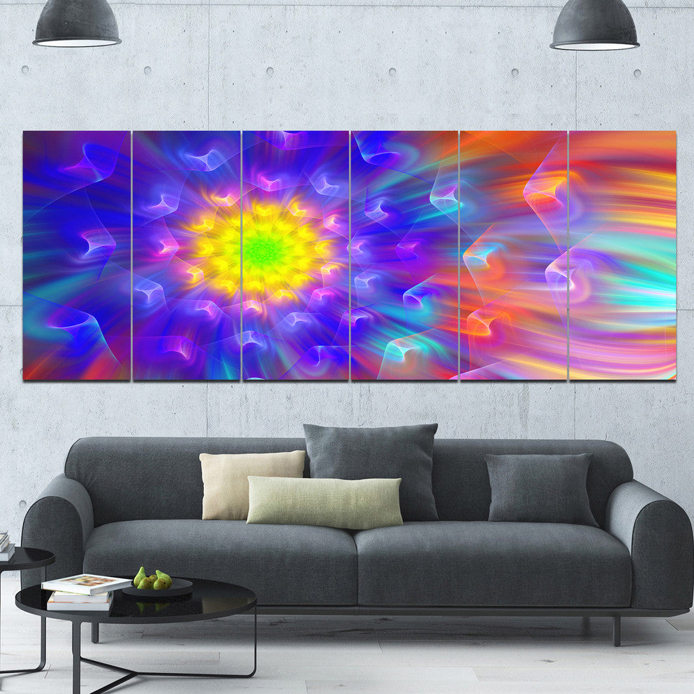 Bright Blue Fractal Petals Dandelion, Floral Canvas Art Print, 70"x28", 6 Panels