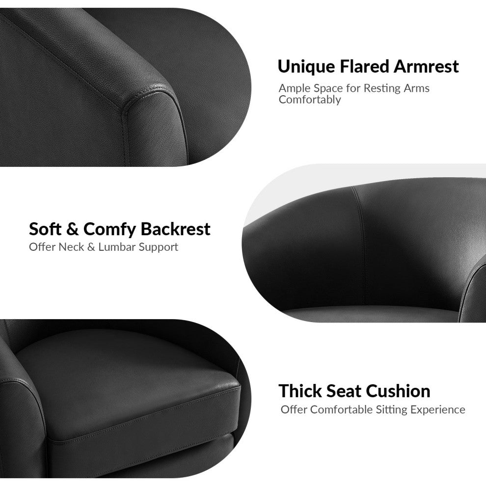 Swivel Barrel Geniune Leather Chair With Solid Wood Base, Black
