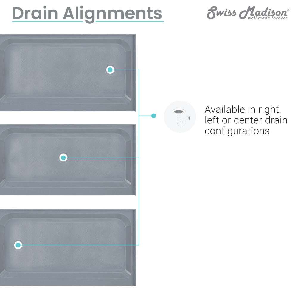 Voltaire 48"x36" Single-Threshold, Center Drain, Shower Base, Gray