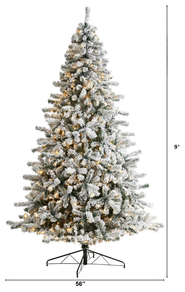 9' Flocked Rock Springs Spruce Xmas Tree W/ 650 LED Lights & Bendable Branches