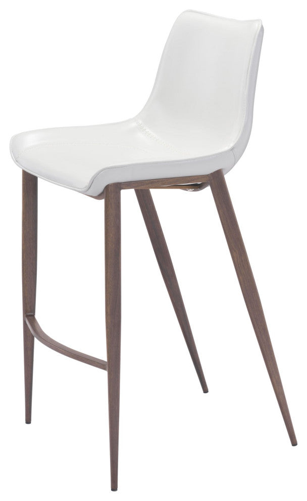 Bar Stool Chair Barstool, Set of 2, Faux Vinyl Leather, Steel, White, Walnut